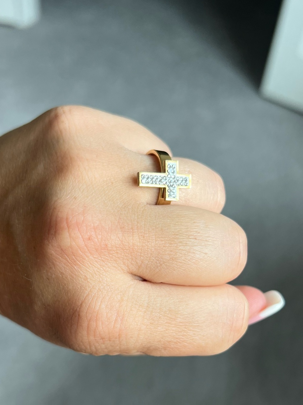 Gold Cross Ring with Pavé Crystals - Women - Picture 1 of 3